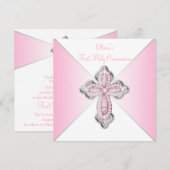 Roze Diamanten Kruis Roze Eerste Heilige Communie Kaart (Voorkant / Achterkant)