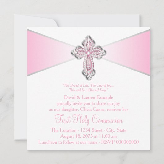 Roze Diamanten Kruis Roze Eerste Heilige Communie Kaart (Achterkant)