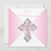 Roze Diamanten Kruis Roze Eerste Heilige Communie Kaart (Voorkant)