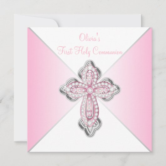 Roze Diamanten Kruis Roze Eerste Heilige Communie Kaart (Voorkant)