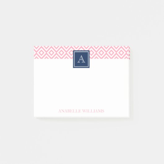 Roze diamanten patroon en marinemonogram post-it® notes (Voorkant)