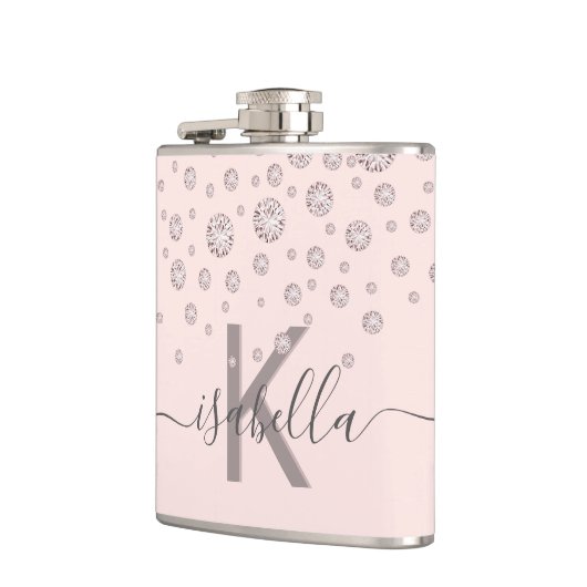 Roze diamanten roze goud monogram schrift heupfles (Links)