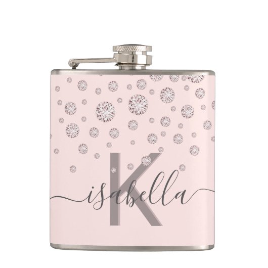 Roze diamanten roze goud monogram schrift heupfles (Voorkant)