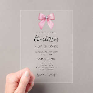 Roze Diamanten Strikje Meisje Baby Shower Acryl Uitnodigingen