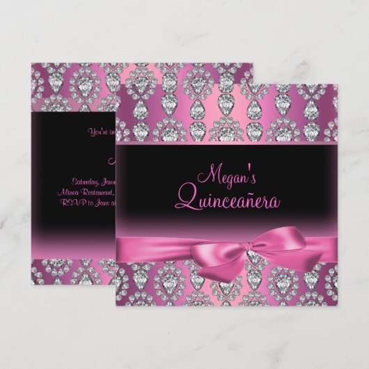 Roze Diamond & Bow Quinceañera Uitnodiging (Voorkant / Achterkant)