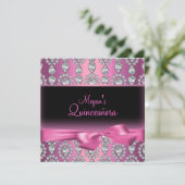 Roze Diamond & Bow Quinceañera Uitnodiging (Staand voorkant)