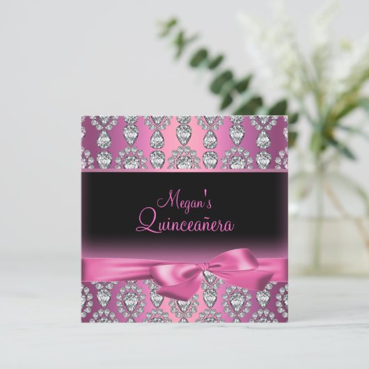 Roze Diamond & Bow Quinceañera Uitnodiging (Staand voorkant)