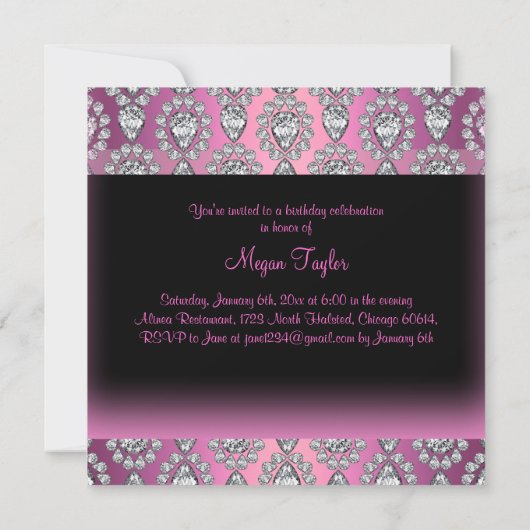 Roze Diamond & Bow Quinceañera Uitnodiging (Achterkant)