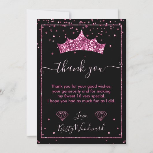 Roze Diamond Confetti Tiara Sweet 16 Bedankkaart (Voorkant)