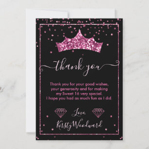 Roze Diamond Confetti Tiara Sweet 16 Bedankkaart