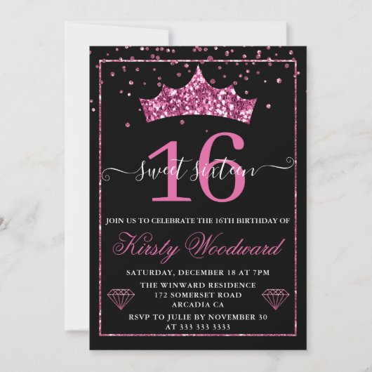 Roze Diamond Confetti Tiara Sweet 16 Kaart (Voorkant)