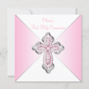 Roze Diamond Cross Pink First Heilige Communie Kaart