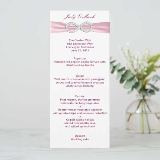 Roze Diamond Infinity Bruiloft Menu Kaart (Staand voorkant)