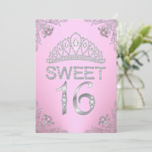  Roze Diamond Tiara Sweet 16 Uitnodiging (Staand voorkant)
