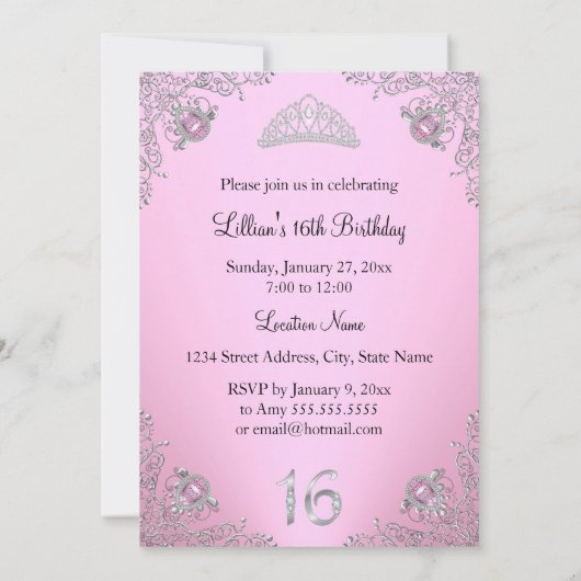  Roze Diamond Tiara Sweet 16 Uitnodiging (Achterkant)