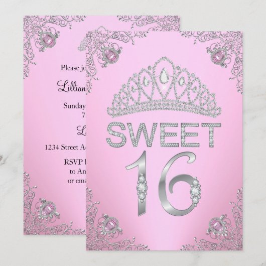 Roze Diamond Tiara Sweet 16 Uitnodiging (Voorkant / Achterkant)