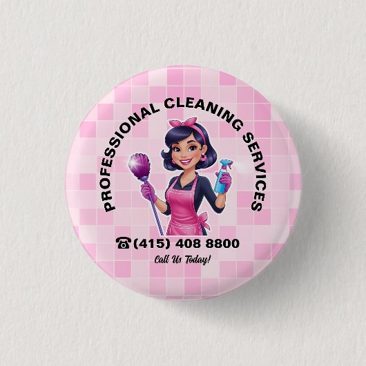 Roze Dienstmeid Schoonmaakservice Ronde Button 3,2 Cm (Voorkant)