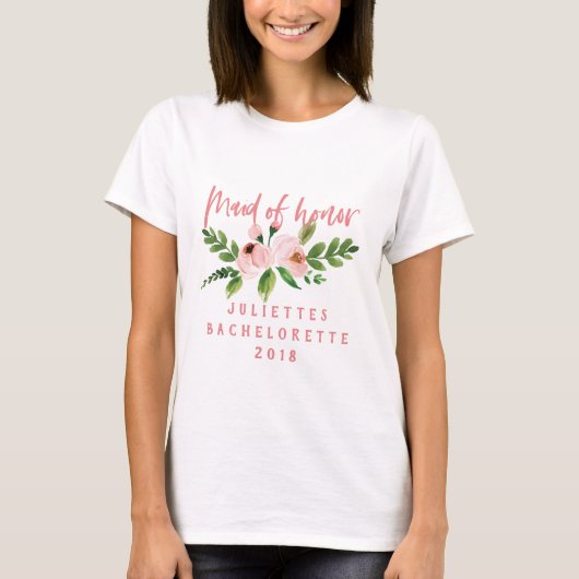 Roze dienstmeisje met eerstemflorale waterverf T-s T-shirt (Voorkant)