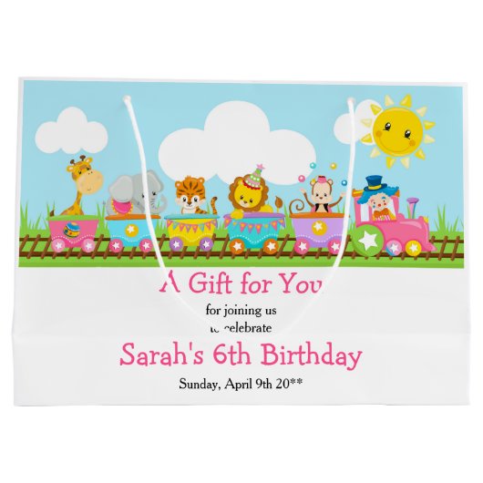 Roze Dier Circus Trein Kinderen Verjaardag Dank u Groot Cadeauzakje (Achterkant)