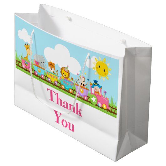 Roze Dier Circus Trein Kinderen Verjaardag Dank u Groot Cadeauzakje (Voorkant Gekanteld)