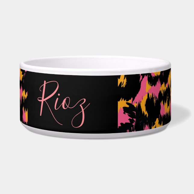 Roze Dier Patroon Zwarte Naam     Voerbakje (Voorkant)