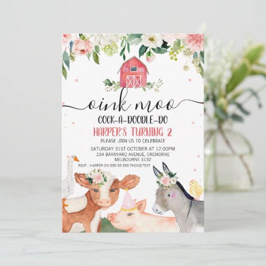 Roze dieren van de bloementeelt 2e verjaardag kaart (Staand voorkant)