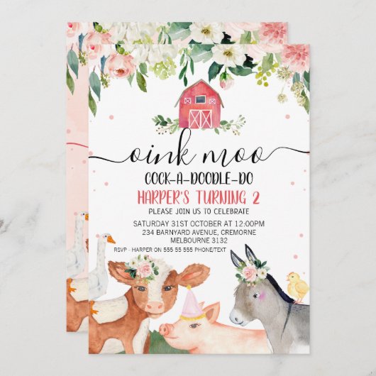 Roze dieren van de bloementeelt 2e verjaardag kaart (Voorkant / Achterkant)