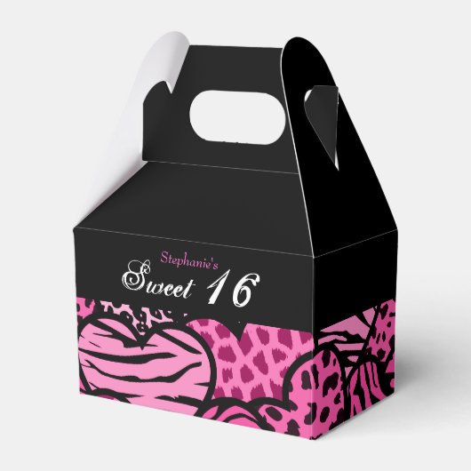 Roze dierenpatroon harten Sweet 16 Favorbox Bedankdoosjes (Voorkant Zijde)