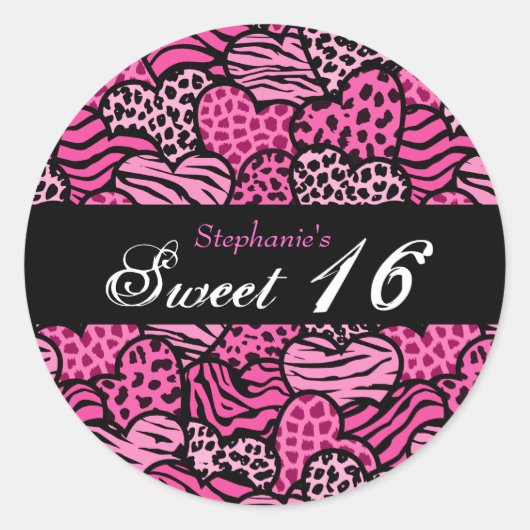 Roze dierenpatroon harten Sweet 16 sticker (Voorkant)