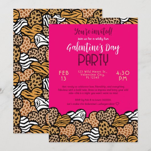 Roze Dierenprint Hart Galentine's Day Feestje Kaart (Voorkant / Achterkant)