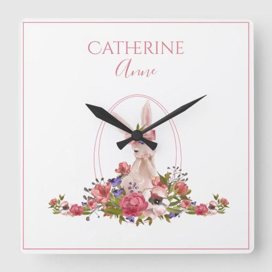 Roze dierlijke Bunny Floral Girly Name Vierkante Klok (Voorkant)