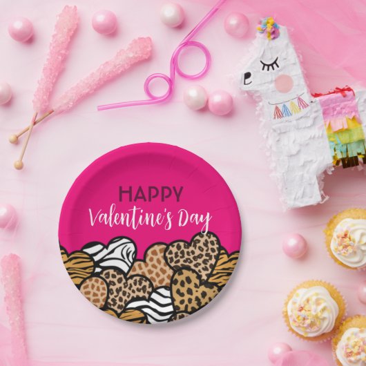 Roze dierprint hart Valentijnsdag feestje Papieren Bordje (Feest)