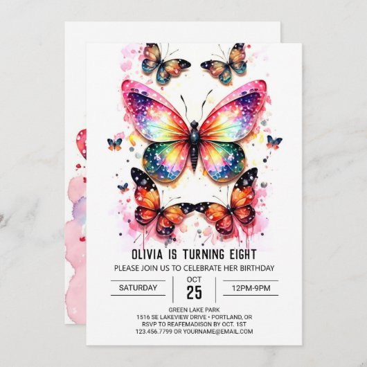 Roze digitale vlinder meisje verjaardag kaart (Voorkant / Achterkant)