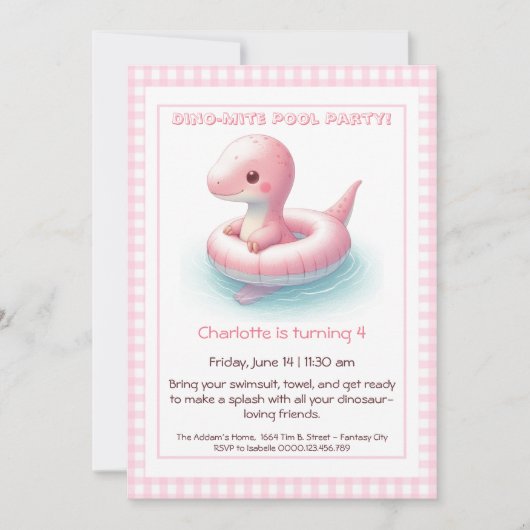 Roze Dino-Mite Verjaardag Pool Party Uitnodiging (Voorkant)