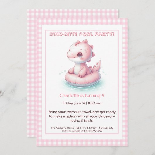 Roze Dino-Mite Verjaardag Pool Party Uitnodiging (Voorkant / Achterkant)