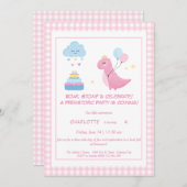 Roze Dino-Mite Verjaardag Uitnodiging (Voorkant / Achterkant)