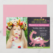 Roze Dino Schaats Birthday-uitnodiging met foto Kaart (Voorkant / Achterkant)