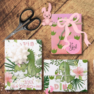 Roze Dino & Tropische Bladeren Aangepaste Cadeaupa Inpakpapier Vel