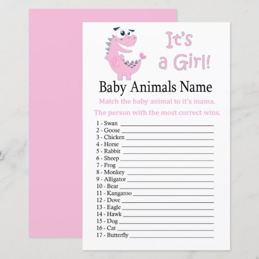 Roze Dinosaur Baby Dieren Naam Spel (Voorkant / Achterkant)