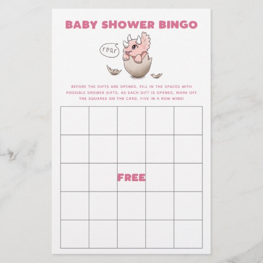 Roze Dinosaur Baby shower Bingo Game (Voorkant)