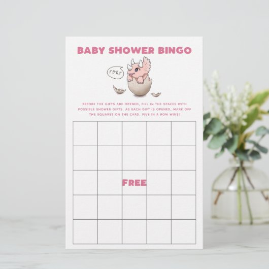 Roze Dinosaur Baby shower Bingo Game (Staand voorkant)