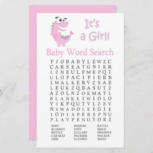 Roze Dinosaur Baby shower Word Search Game (Voorkant / Achterkant)
