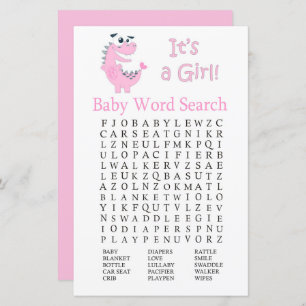 Roze Dinosaur Baby shower Word Search Game