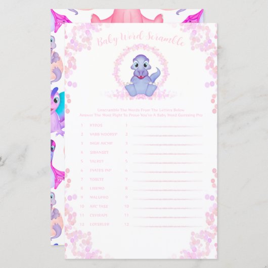 Roze Dinosaur Baby Word Scramble Baby shower Game (Voorkant / Achterkant)