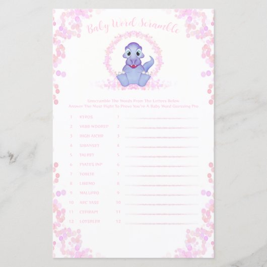 Roze Dinosaur Baby Word Scramble Baby shower Game (Voorkant)
