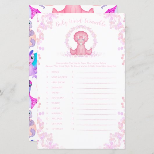 Roze Dinosaur Baby Word Scramble Baby shower Game (Voorkant / Achterkant)