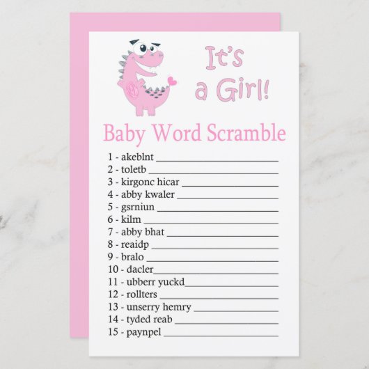 Roze Dinosaur Baby word scramble game (Voorkant / Achterkant)