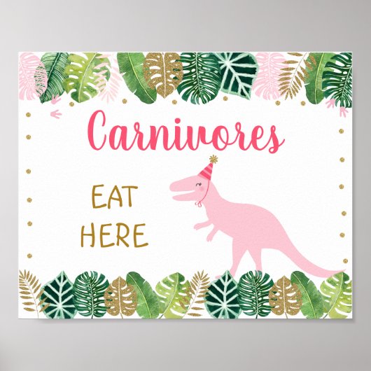 Roze Dinosaur Carnivores Birthday Food Table Sign Poster (Voorkant)