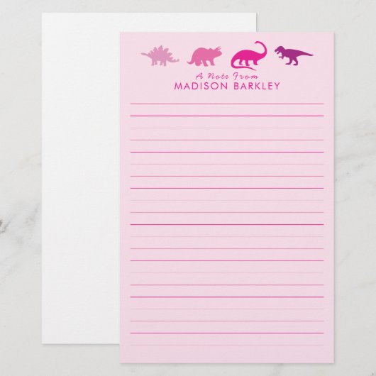 Roze Dinosaur Cute Kind Dino Briefpapier (Voorkant / Achterkant)