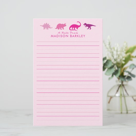 Roze Dinosaur Cute Kind Dino Briefpapier (Staand voorkant)